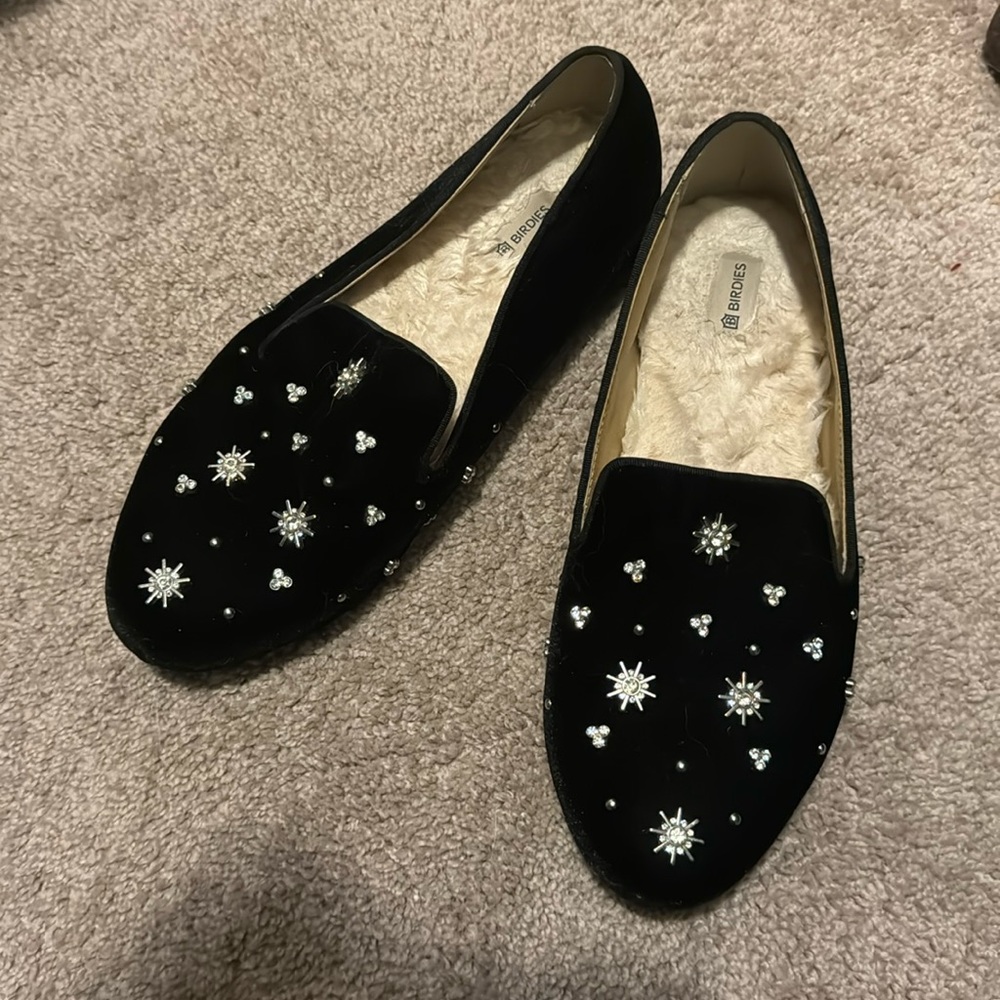 Birdies Starling Crystal Black Velvet Women's Flats Loafers